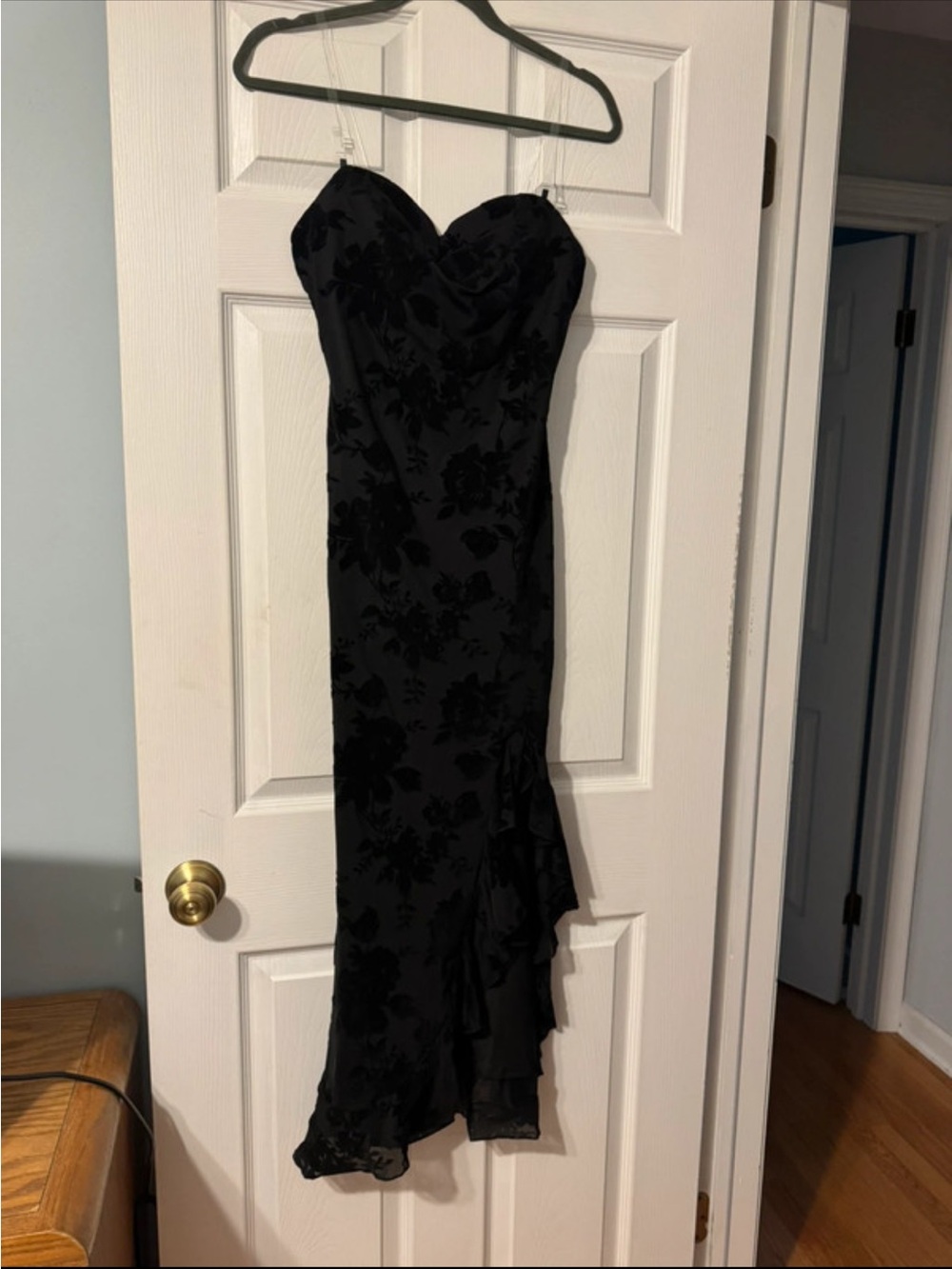Elegant Black Strapless Floral Maxi Dress with Ruffle Accent